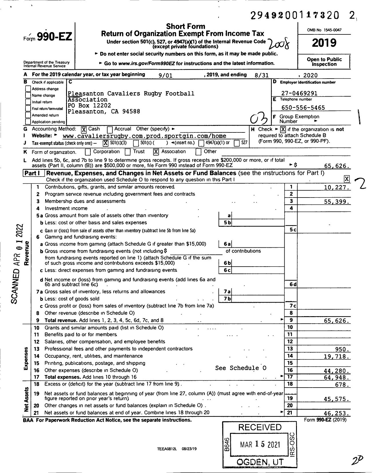 Image of first page of 2019 Form 990EZ for Pleasanton Cavaliers Rugby Football Association