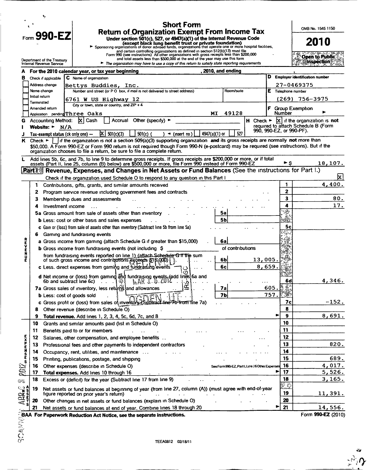 Image of first page of 2010 Form 990EZ for Bettys Buddies