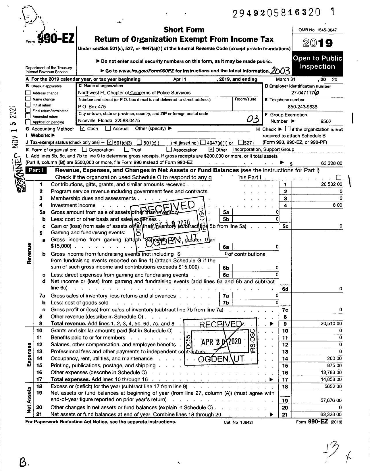 Image of first page of 2019 Form 990EZ for Concerns of Police Survivors / Northwest Florida Cops