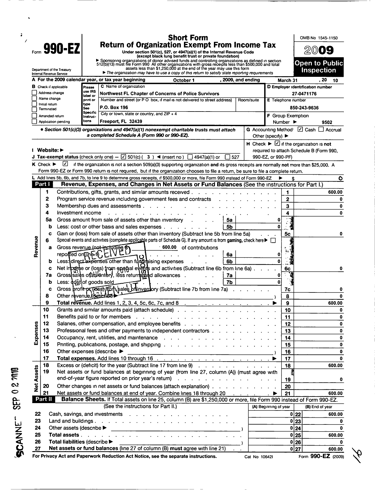 Image of first page of 2009 Form 990EZ for Concerns of Police Survivors / Northwest Florida Cops