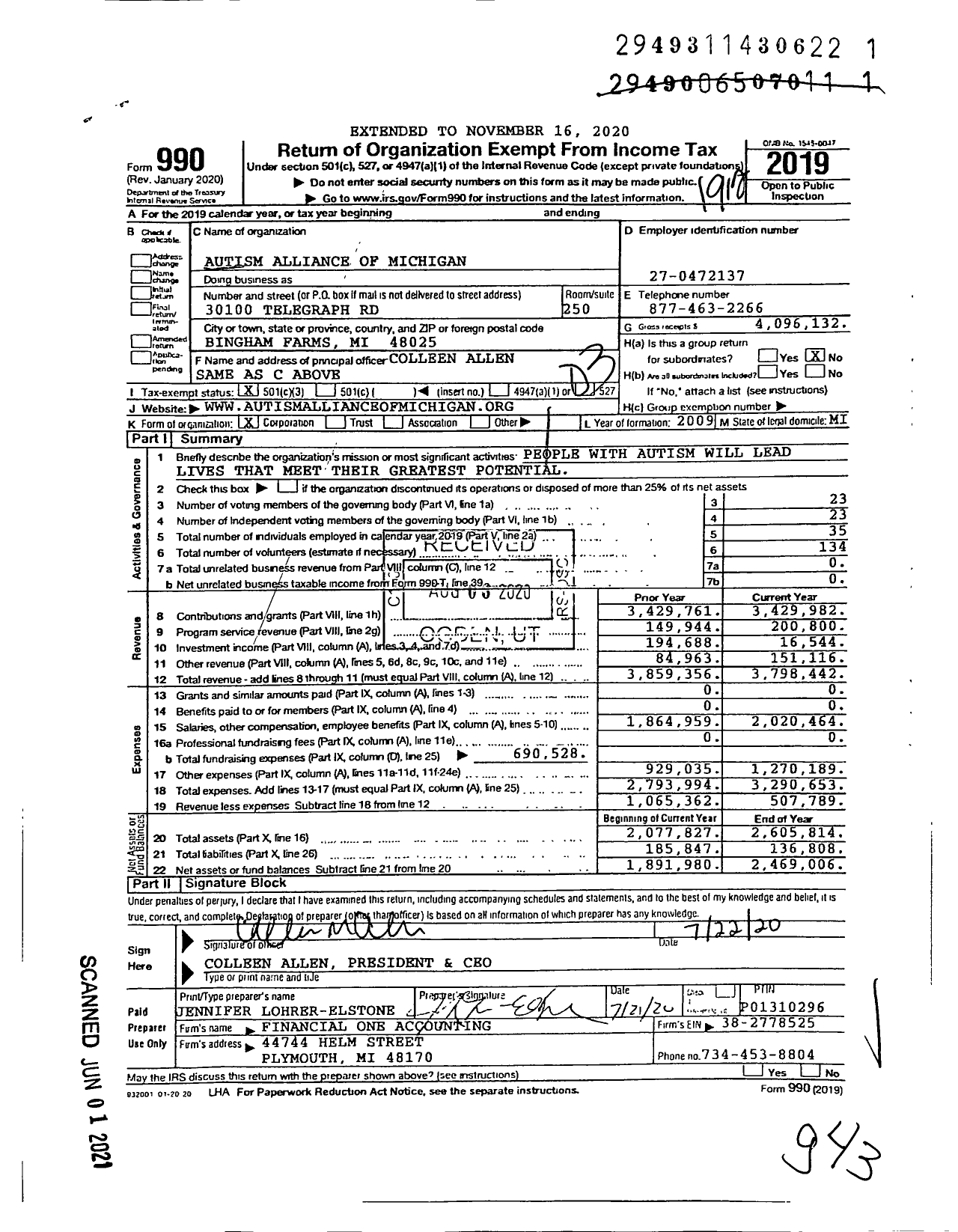 Image of first page of 2019 Form 990 for Autism Alliance of Michigan