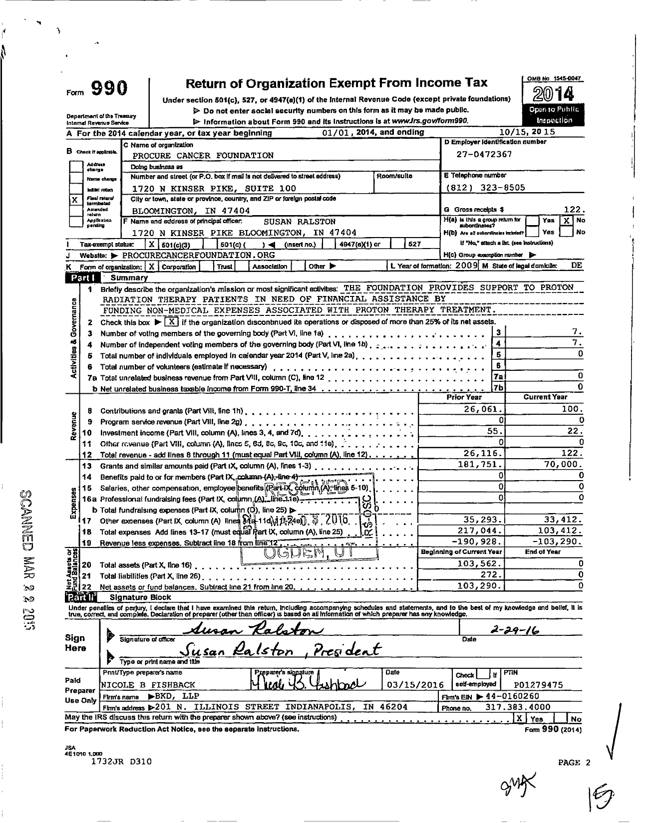 Image of first page of 2014 Form 990 for Procure Cancer Foundation