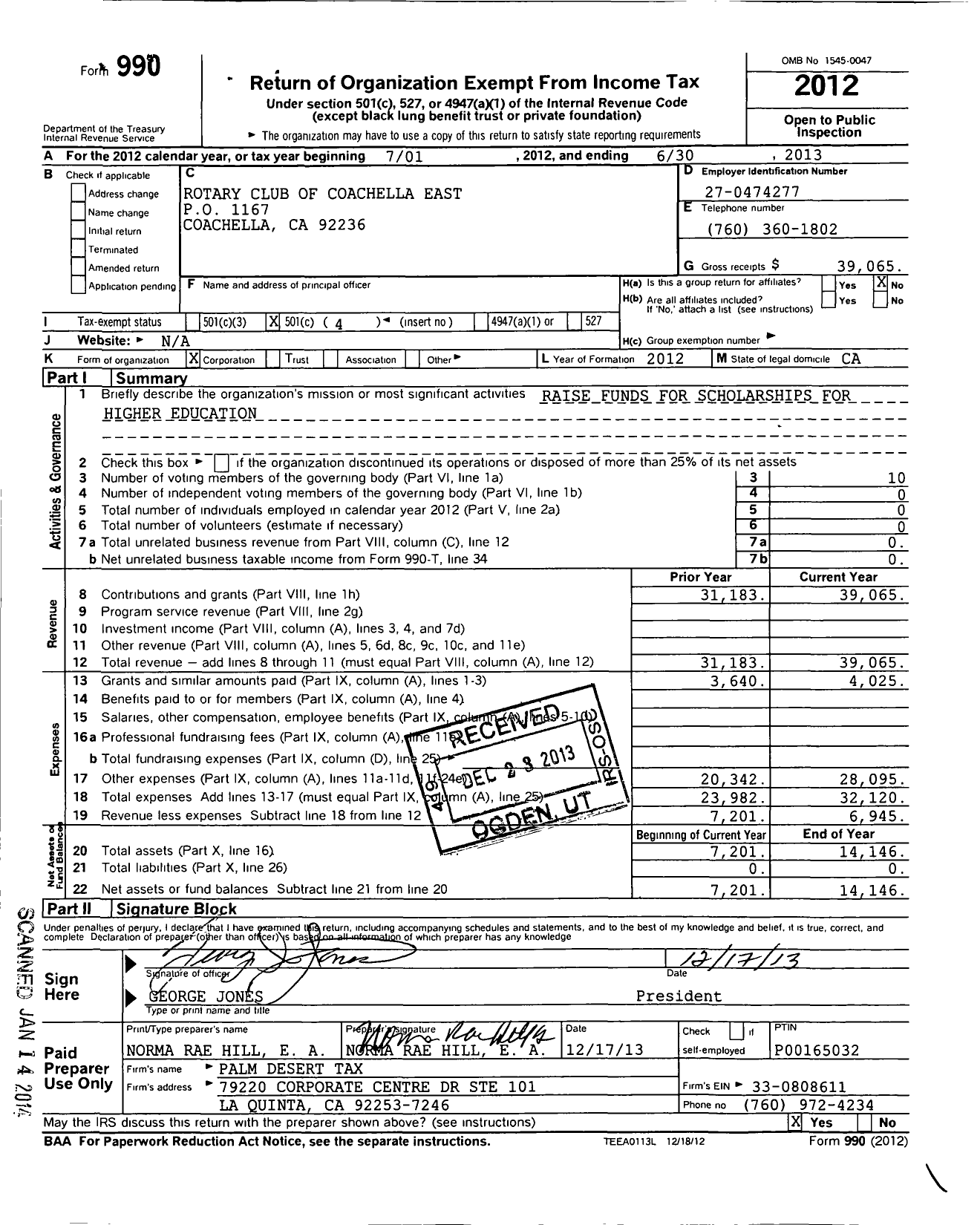 Image of first page of 2012 Form 990O for Rotary Club of Mecca Binacional