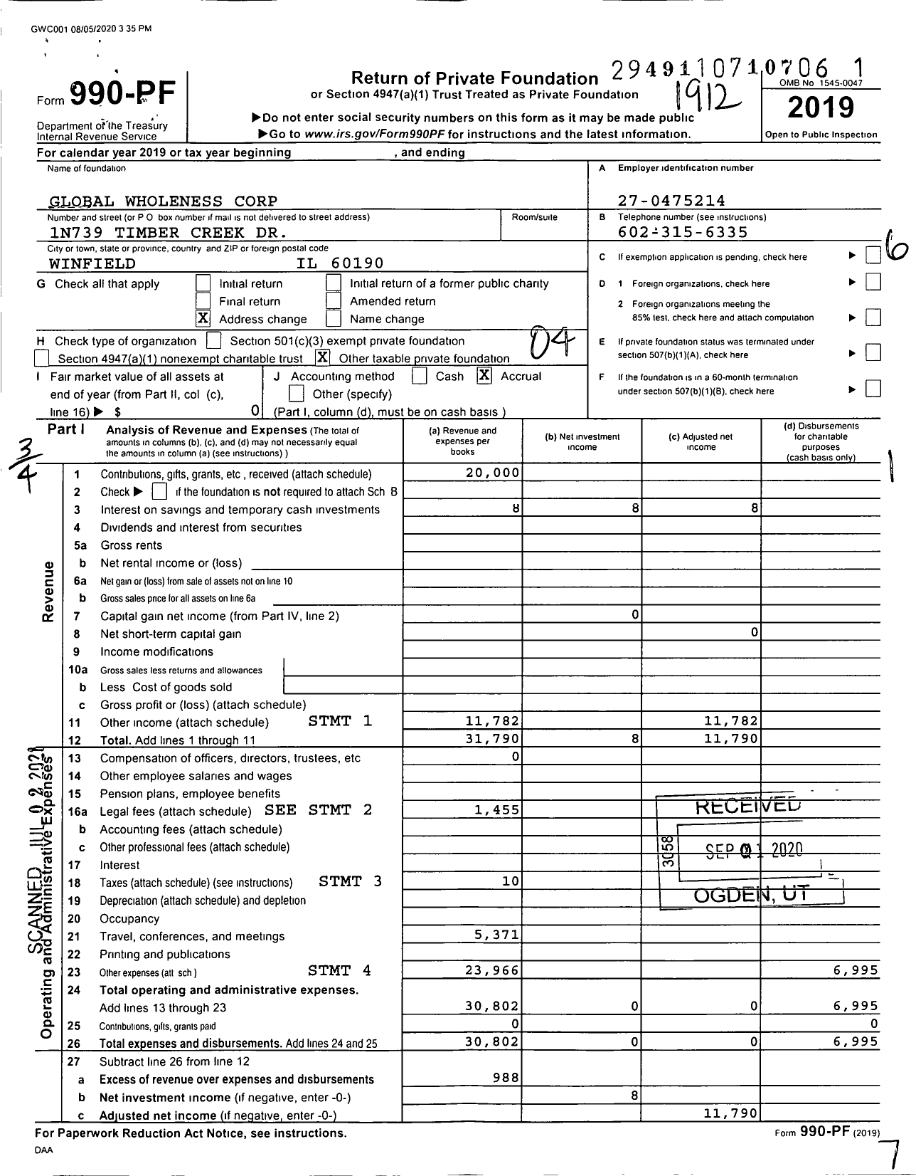 Image of first page of 2019 Form 990PF for Global Wholeness Corporation