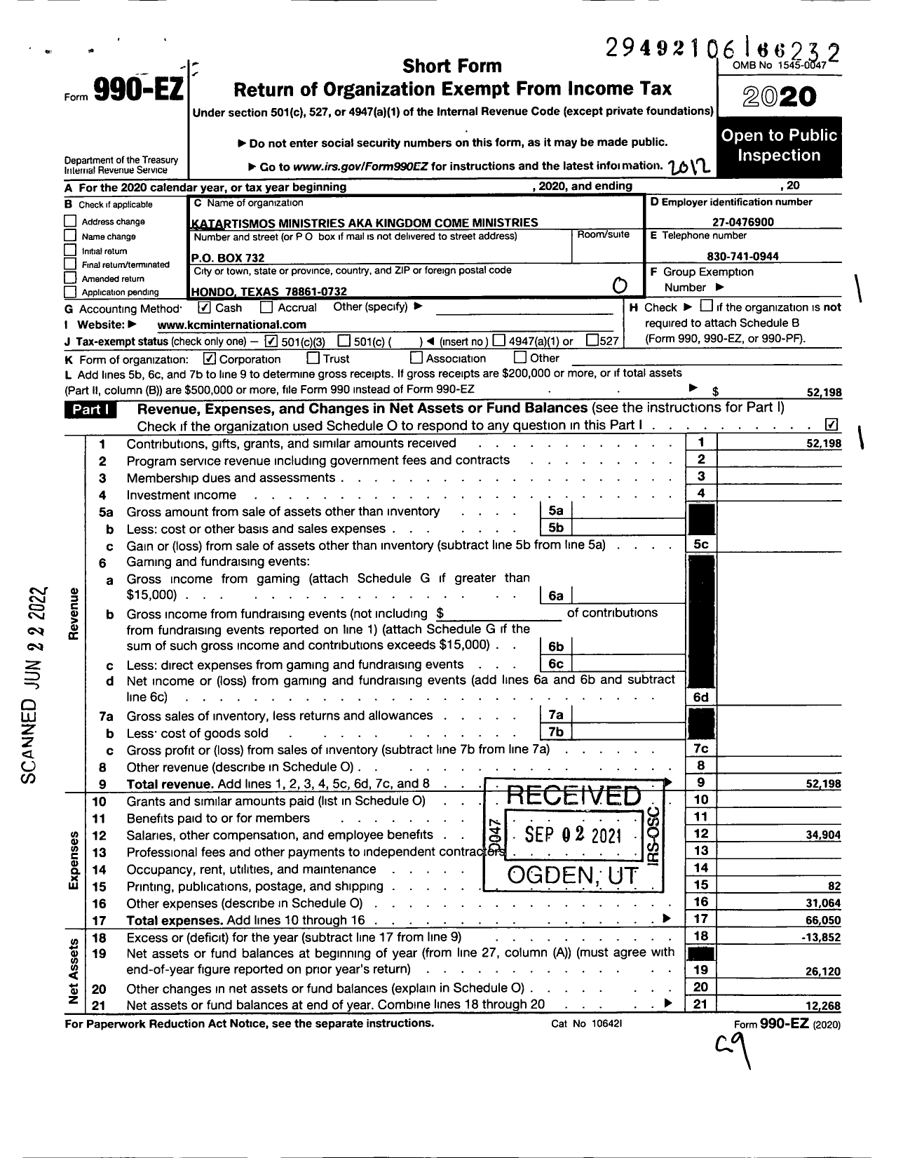 Image of first page of 2020 Form 990EO for Katartismos Ministries