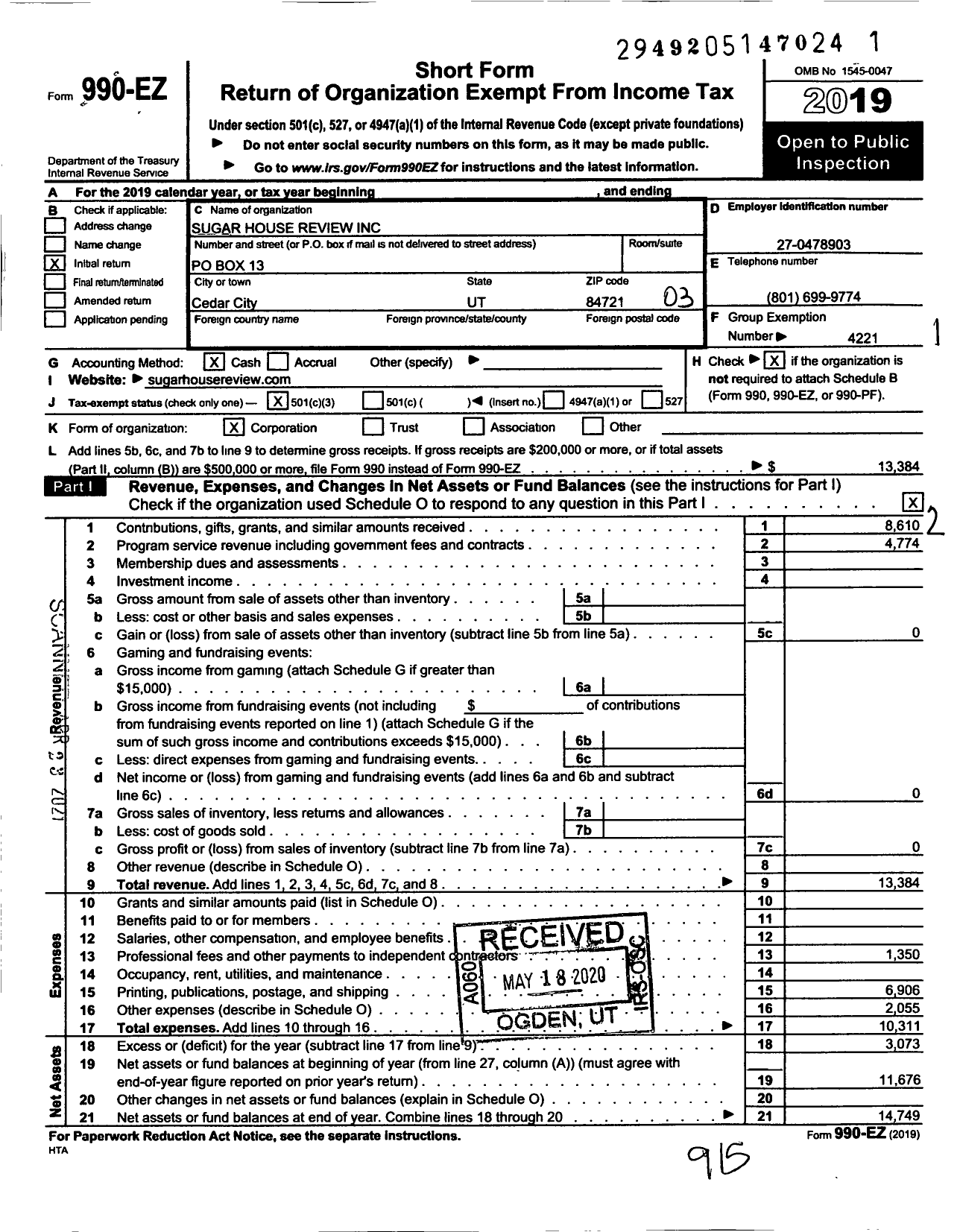 Image of first page of 2019 Form 990EZ for Sugar House Review