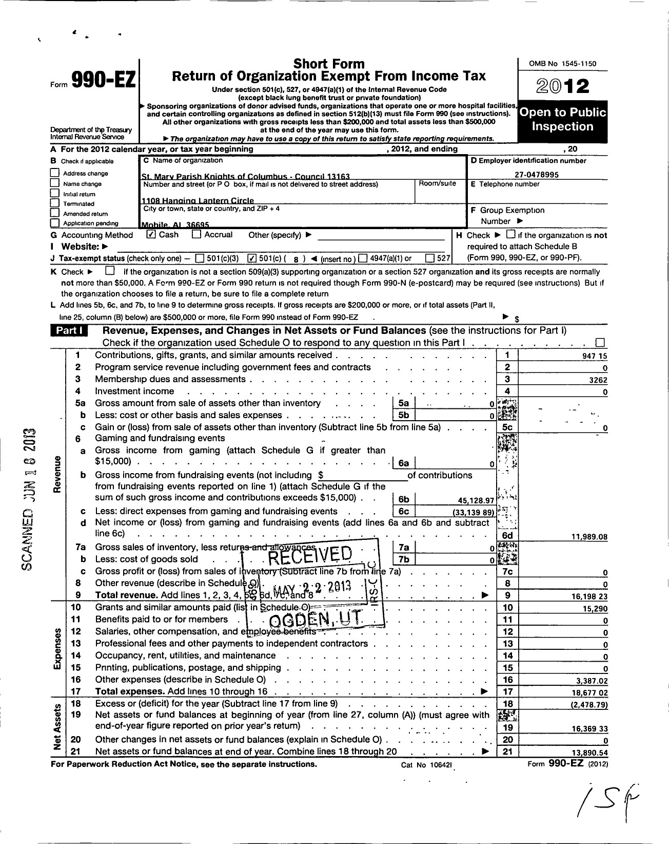 Image of first page of 2012 Form 990EO for St Mary Parish Knights of Columbus Council 13163