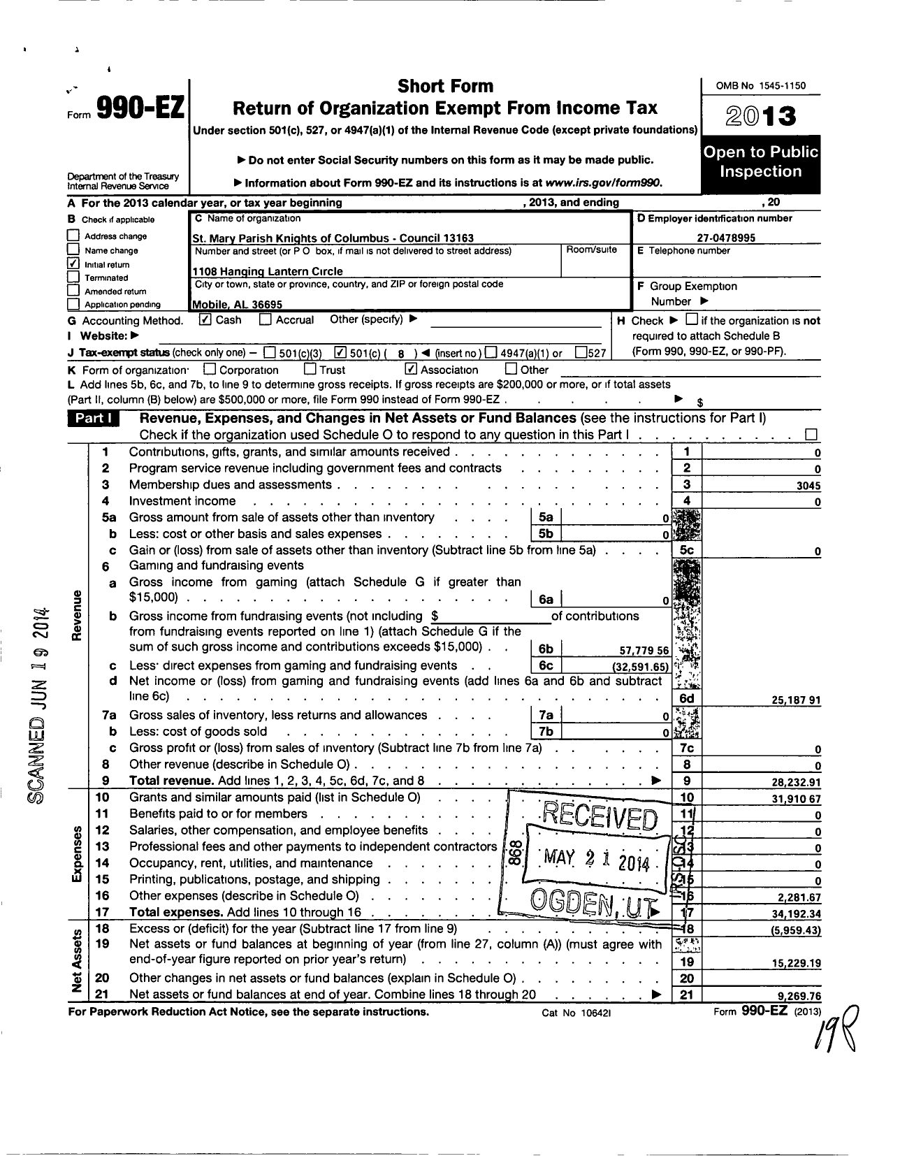 Image of first page of 2013 Form 990EO for St Mary Parish Knights of Columbus Council 13163