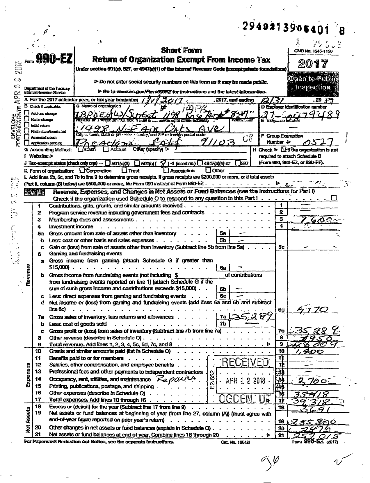 Image of first page of 2017 Form 990EO for Improved Benevolent and Protective Order of Elks of the World - Sunset Lodge & Rose Garden Temple