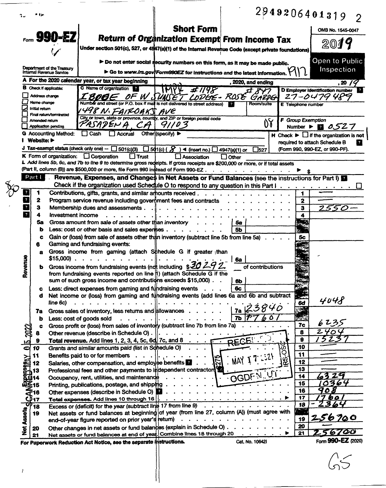 Image of first page of 2019 Form 990EO for Improved Benevolent and Protective Order of Elks of the World - Sunset Lodge & Rose Garden Temple