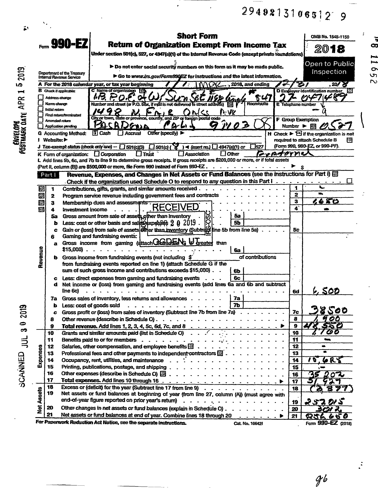 Image of first page of 2018 Form 990EO for Improved Benevolent and Protective Order of Elks of the World - Sunset Lodge & Rose Garden Temple