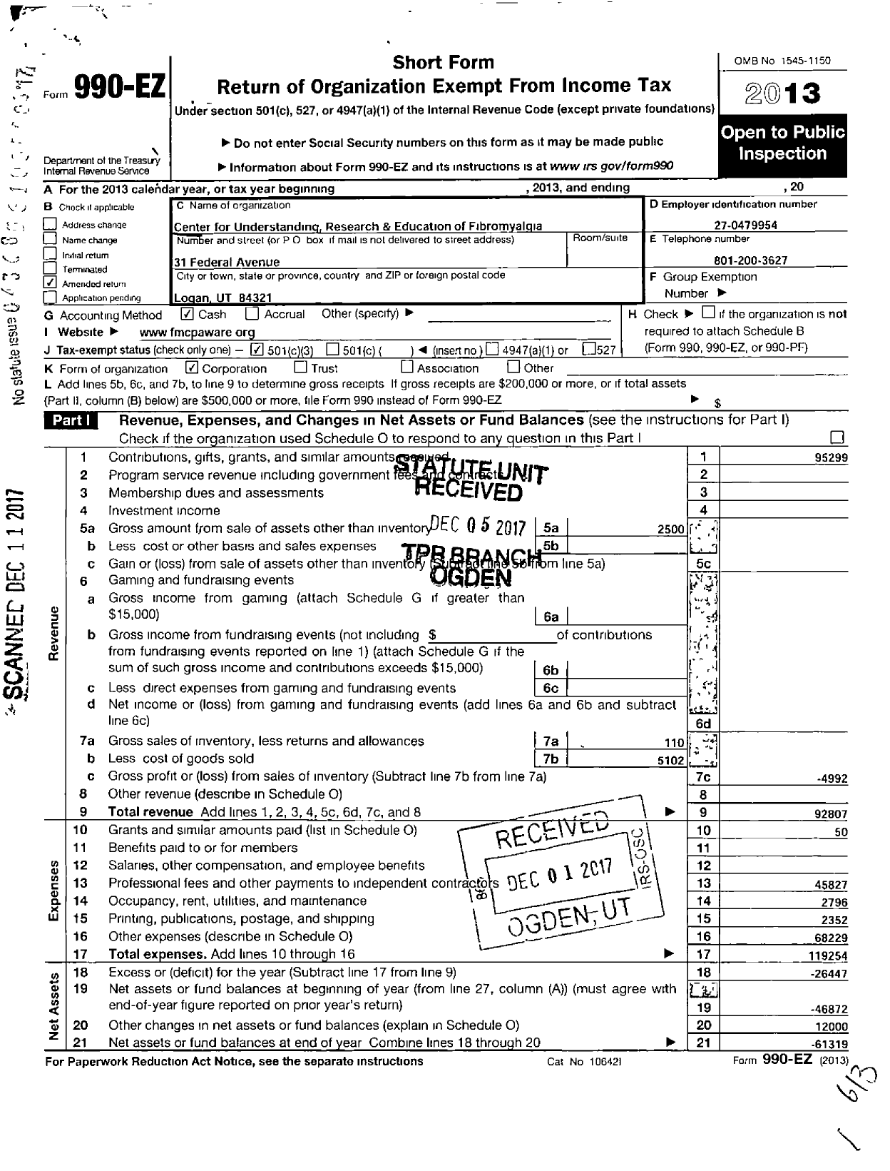 Image of first page of 2013 Form 990EA for Center for Understanding Research and Education of Fibromyalgia