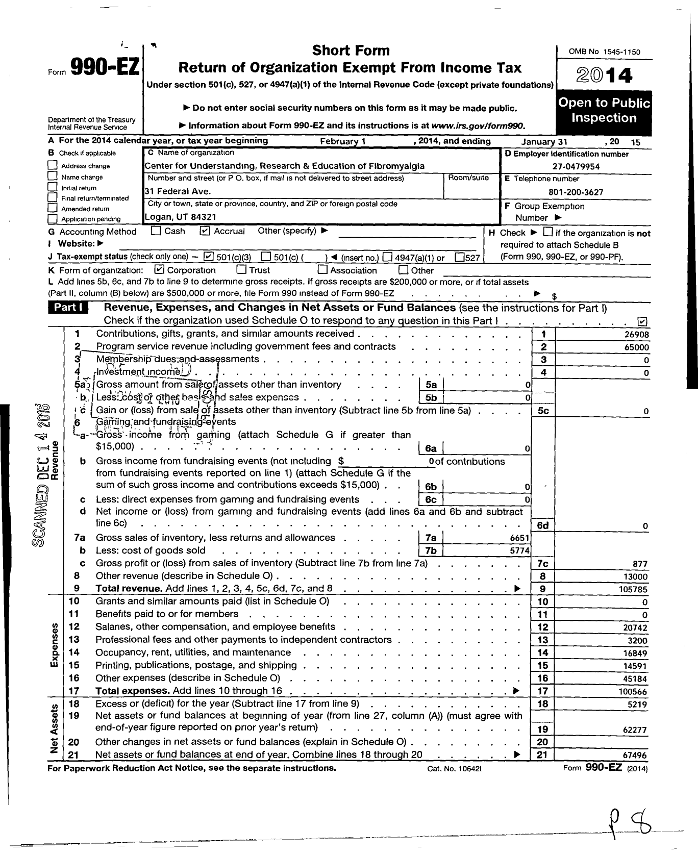 Image of first page of 2014 Form 990EZ for Center for Understanding Research and Education of Fibromyalgia