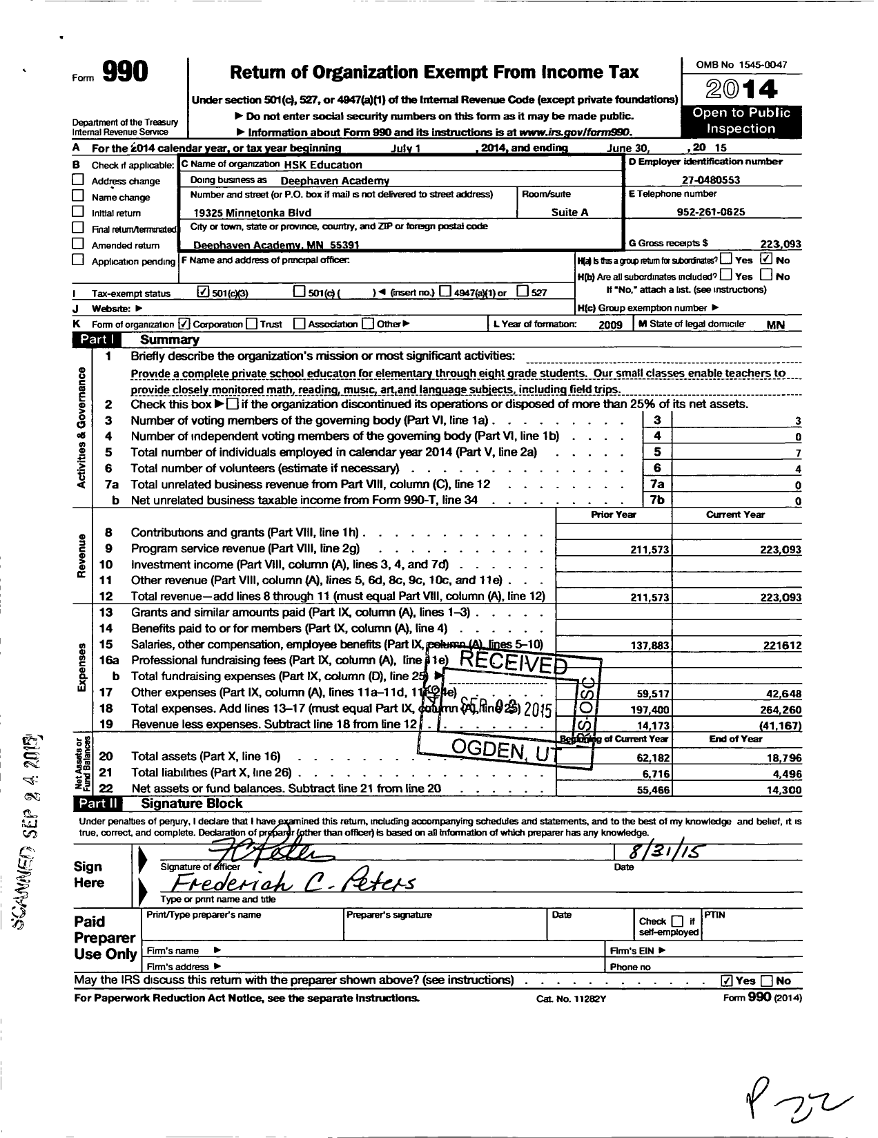 Image of first page of 2014 Form 990 for HSK Education