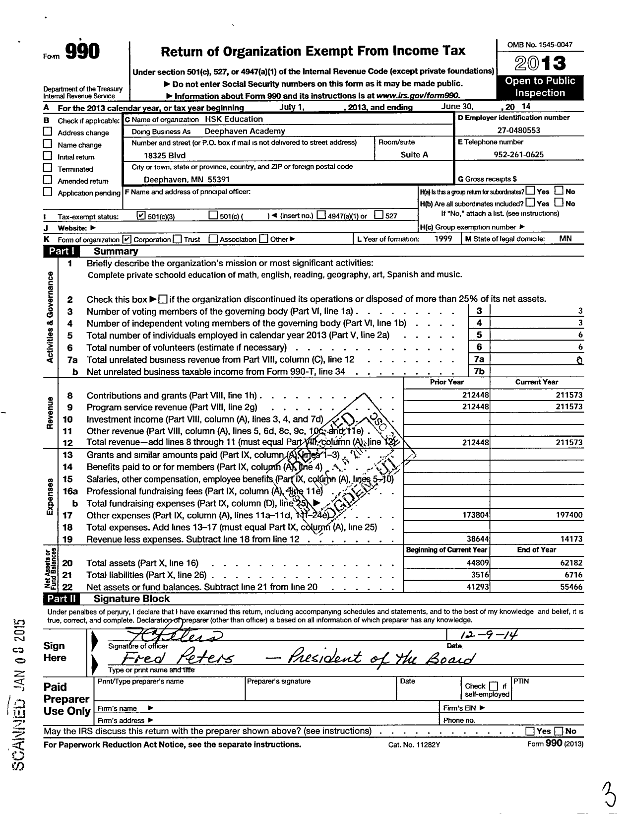 Image of first page of 2013 Form 990 for HSK Education