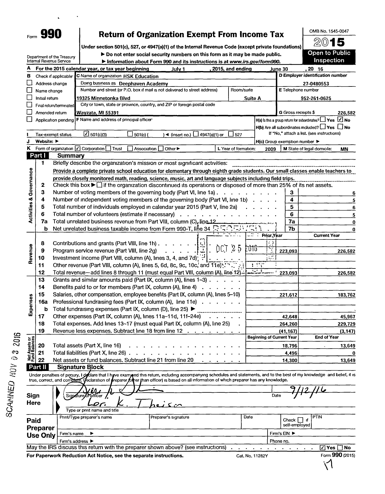 Image of first page of 2015 Form 990 for HSK Education