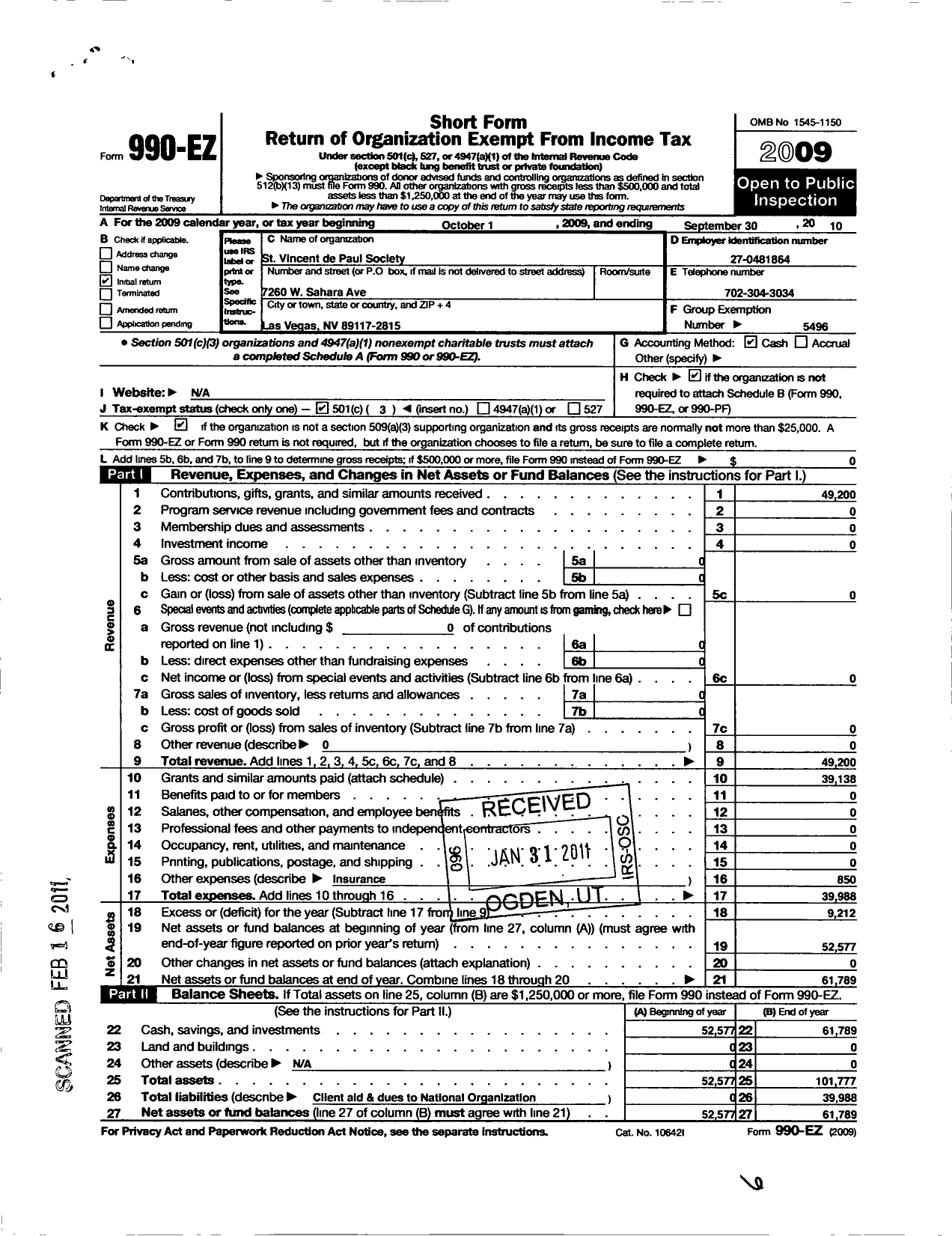 Image of first page of 2009 Form 990EZ for St Vincent de Paul Society-St Joseph Husband of Mary