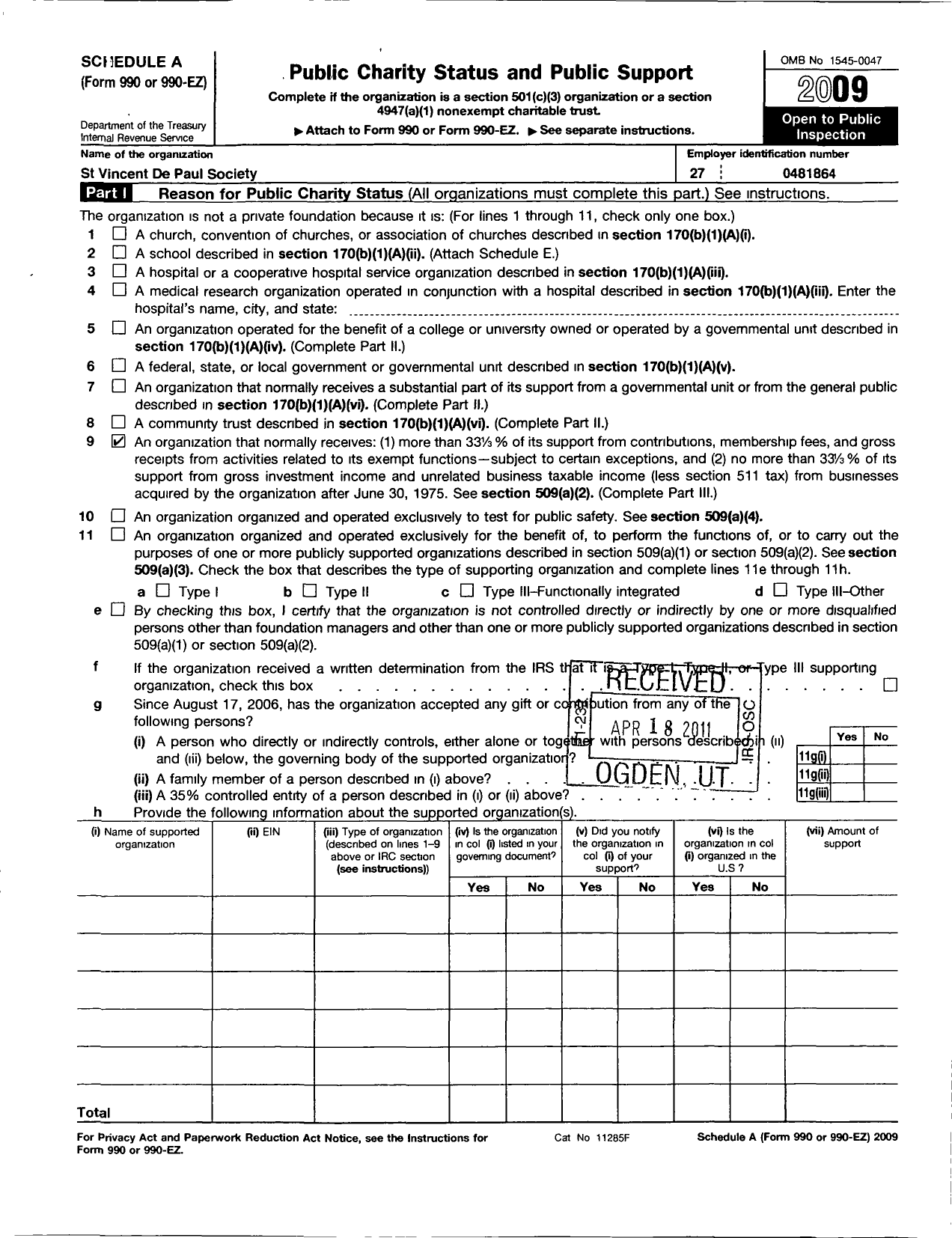 Image of first page of 2009 Form 990ER for St Vincent de Paul Society-St Joseph Husband of Mary