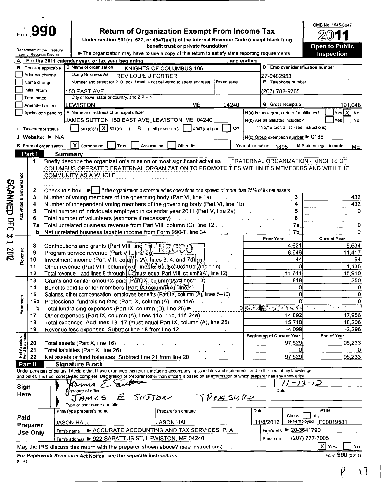 Image of first page of 2011 Form 990O for Knights of Columbus - Rev Louis J Fortier