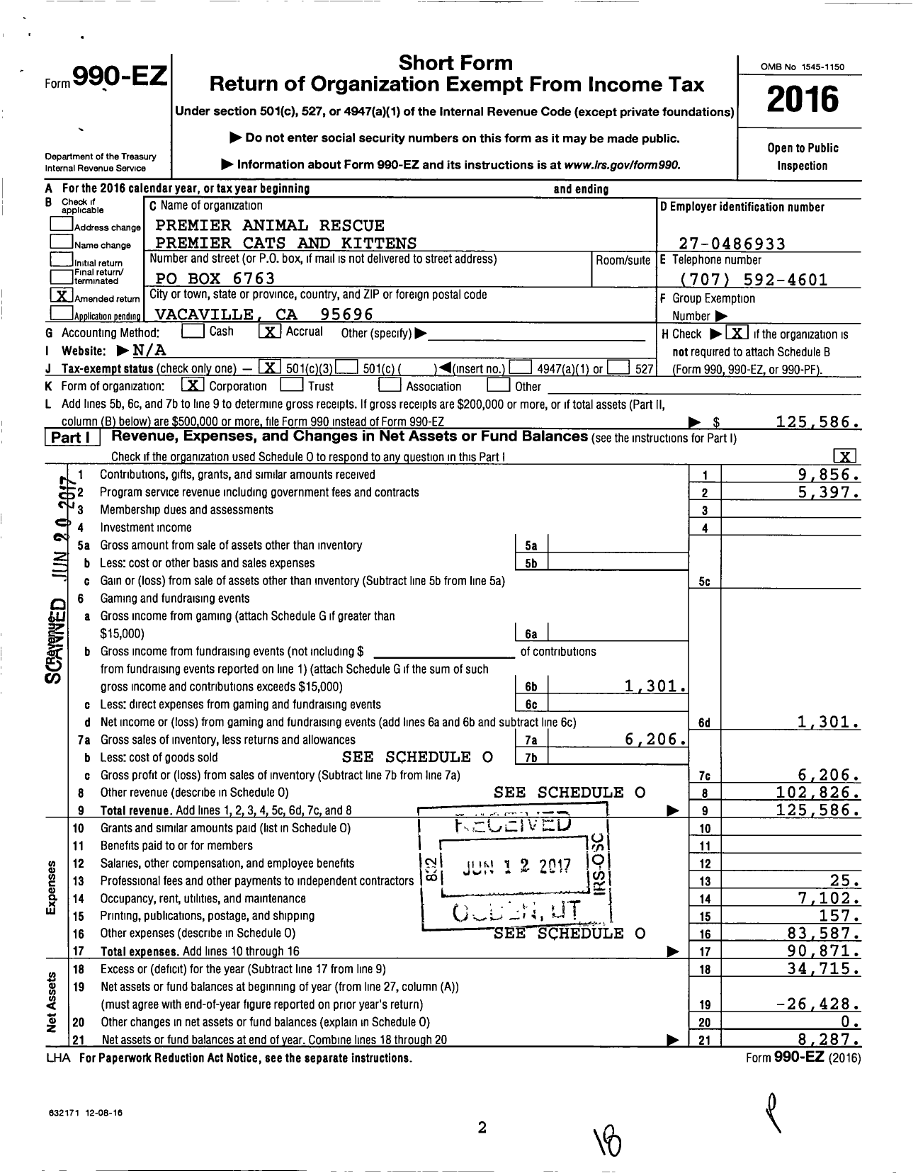 Image of first page of 2016 Form 990EZ for Premier Animal Rescue Premier Cats and Kittens