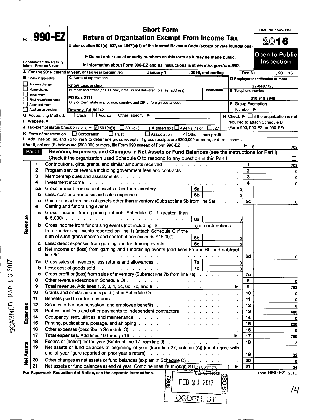 Image of first page of 2016 Form 990EZ for Know Leadership