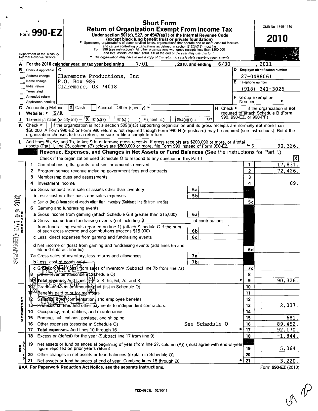 Image of first page of 2010 Form 990EZ for Claremore Productions