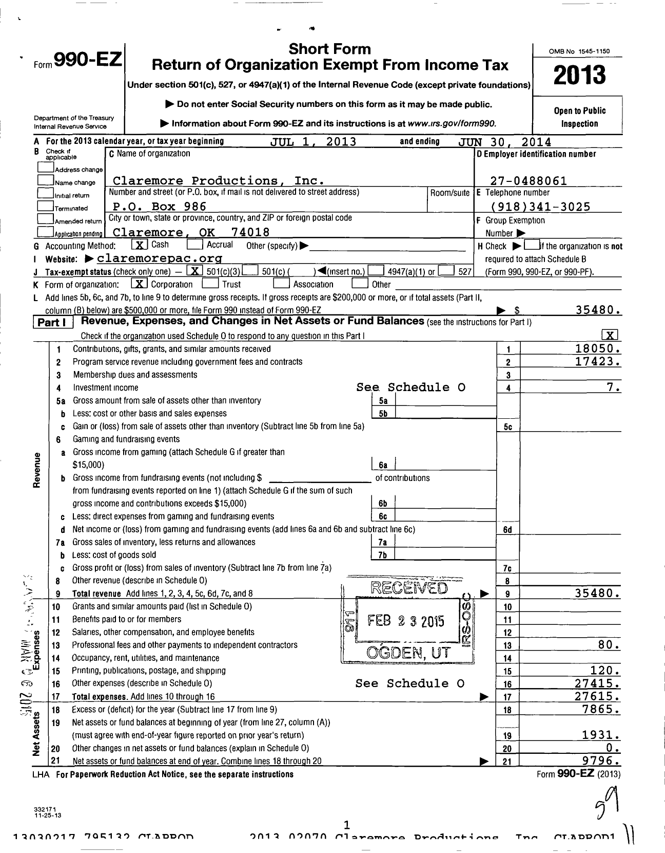 Image of first page of 2013 Form 990EZ for Claremore Productions