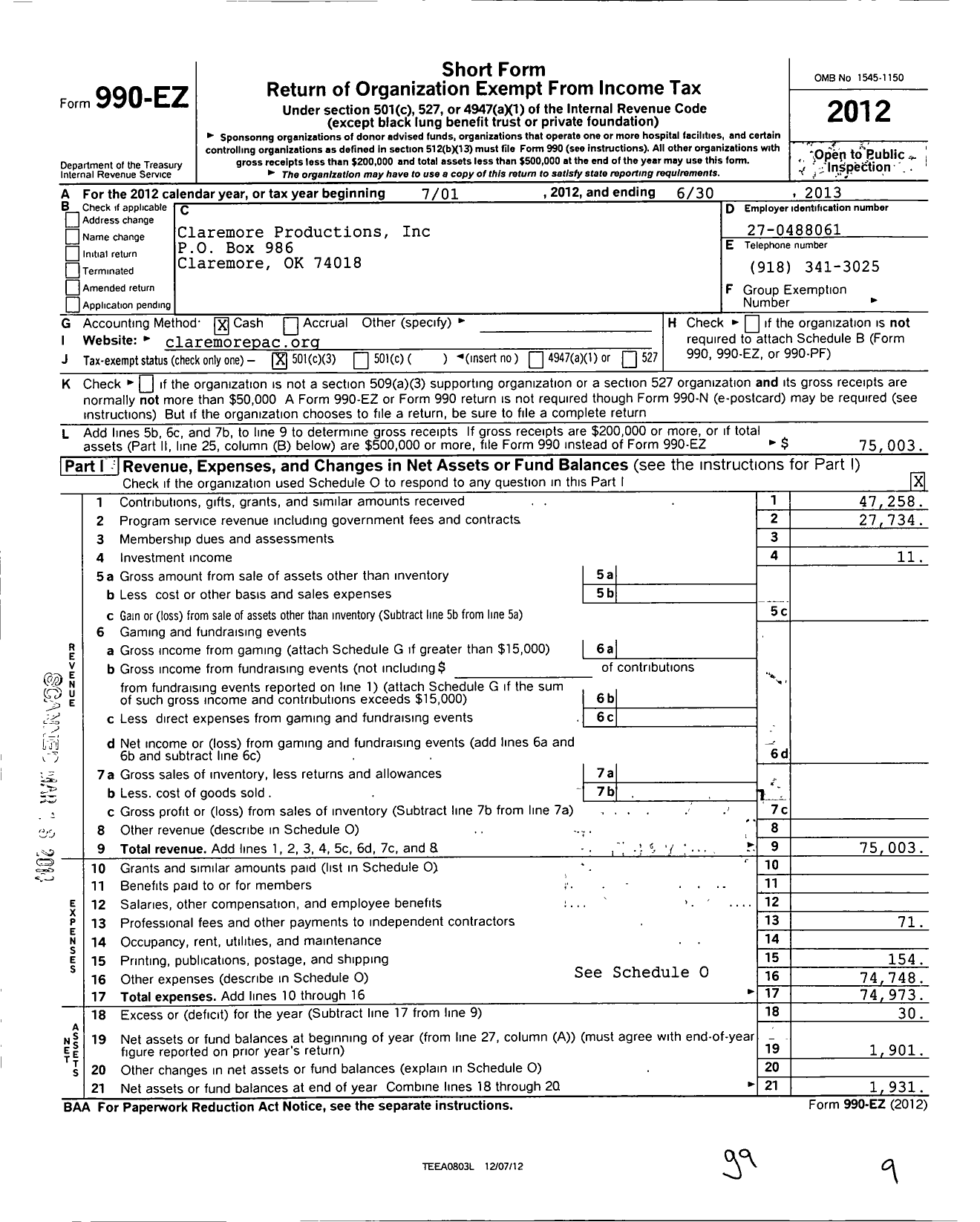 Image of first page of 2012 Form 990EZ for Claremore Productions