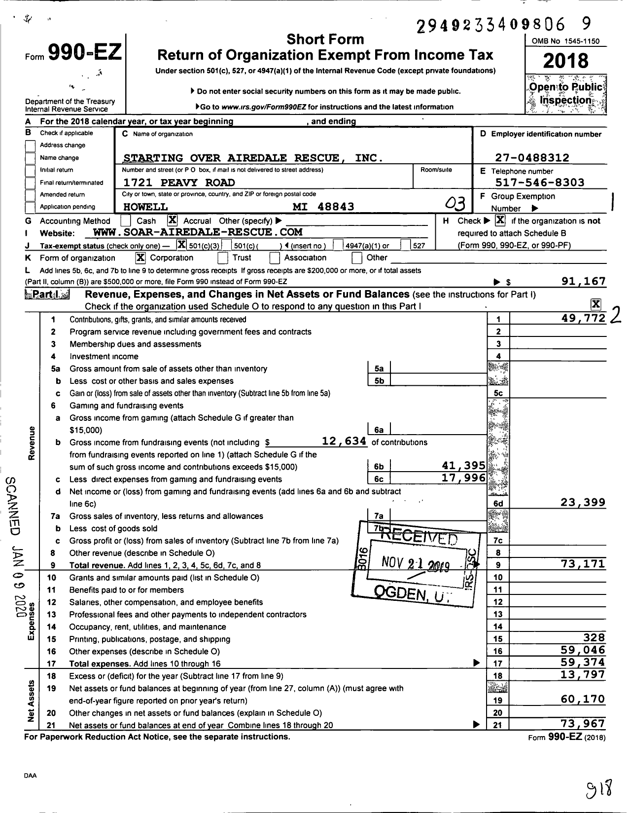 Image of first page of 2018 Form 990EZ for Starting Over Airedale Rescue