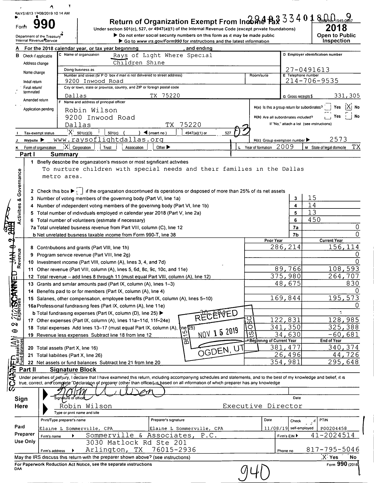 Image of first page of 2018 Form 990 for Rays of Light Where Special Children Shine