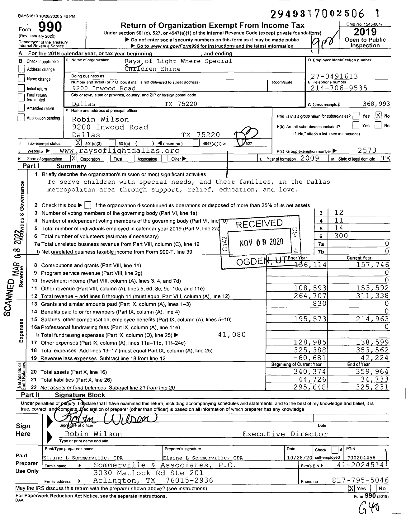 Image of first page of 2019 Form 990 for Rays of Light Where Special Children Shine