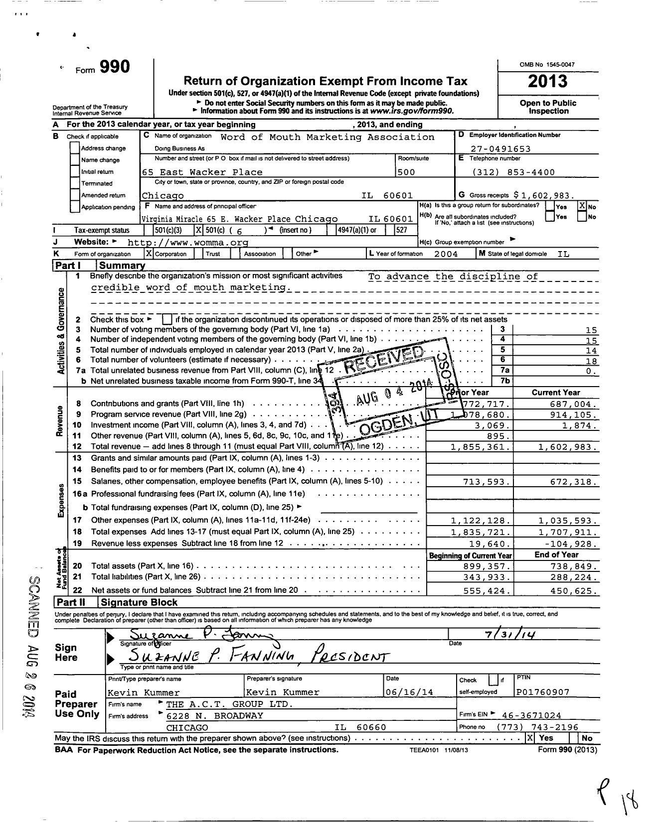 Image of first page of 2013 Form 990O for Word of Mouth Marketing Association (WOMMA)