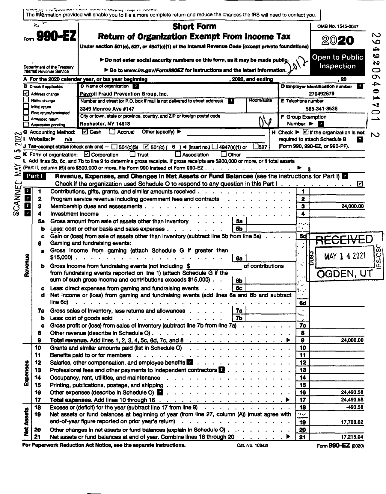 Image of first page of 2020 Form 990EO for Payroll Fraud Prevention Group