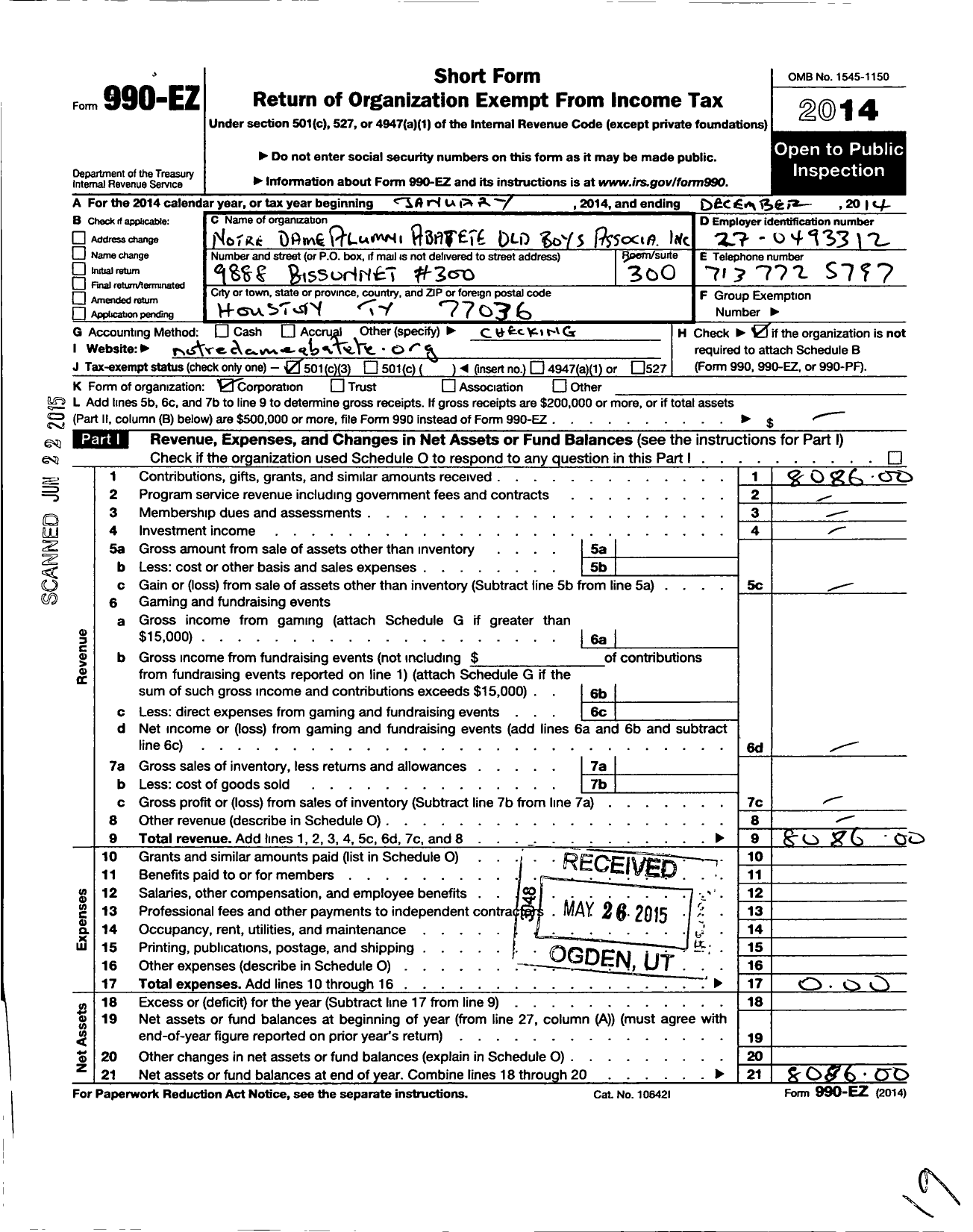 Image of first page of 2014 Form 990EZ for Notre Dame Alumni Abatete Old Boys Association