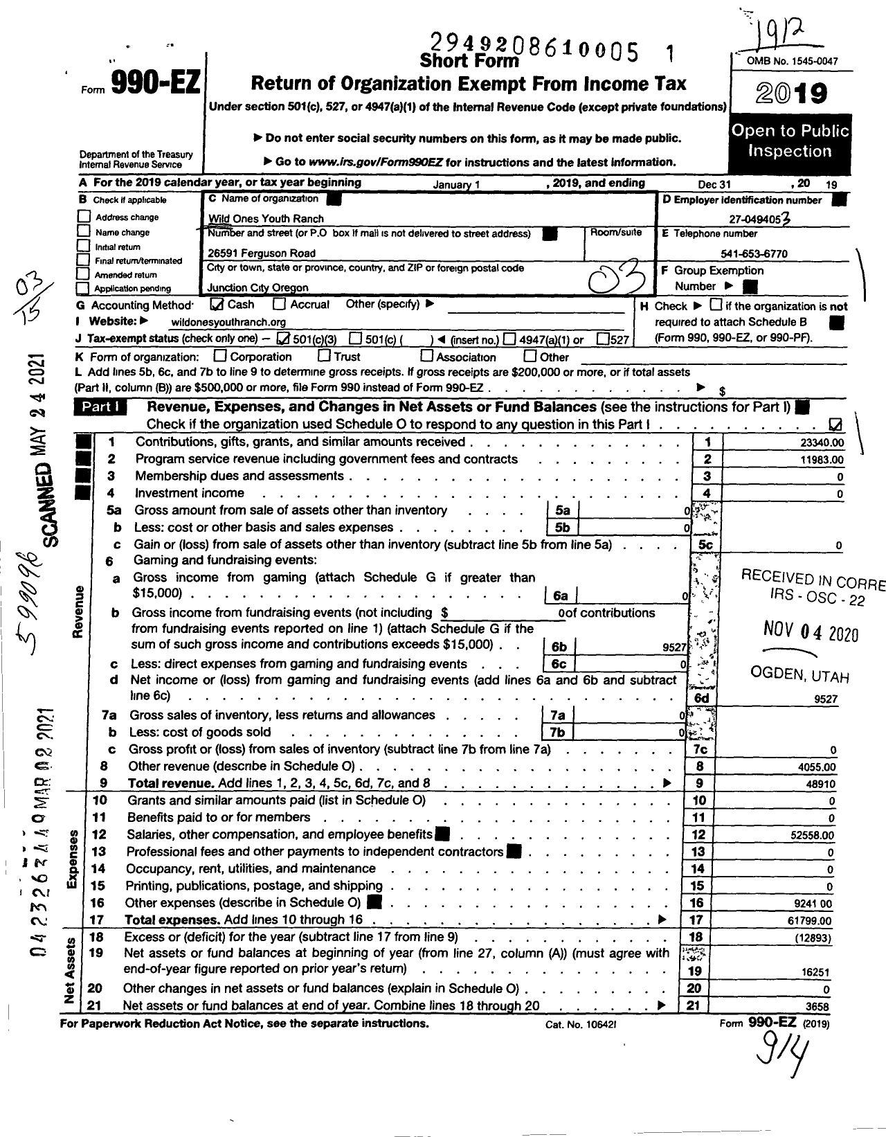 Image of first page of 2019 Form 990EZ for Wild Ones Youth Ranch