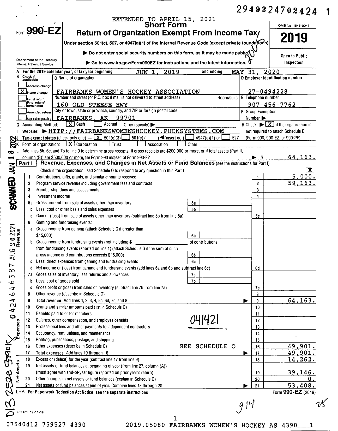 Image of first page of 2019 Form 990EZ for Fairbanks Women's Hockey Association