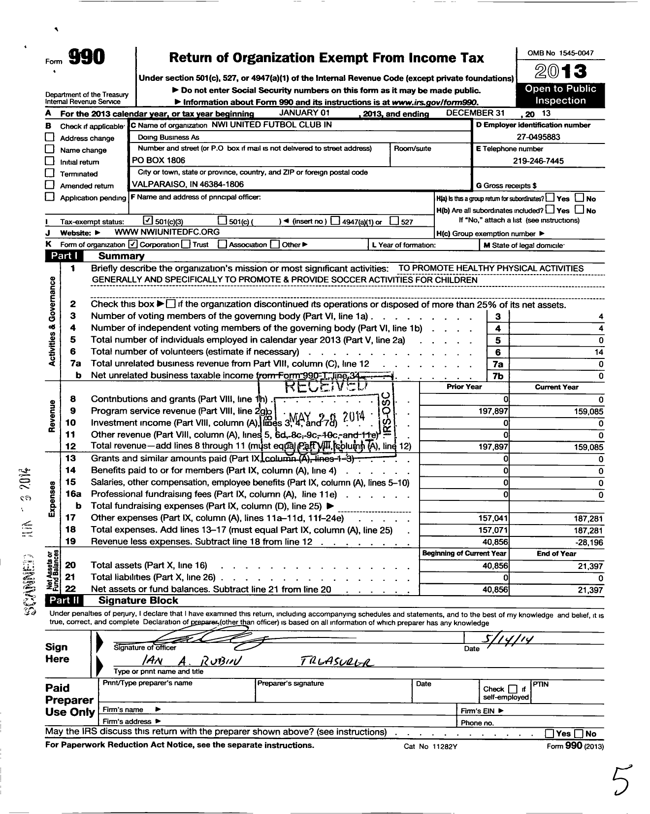 Image of first page of 2013 Form 990 for NWI Lions United