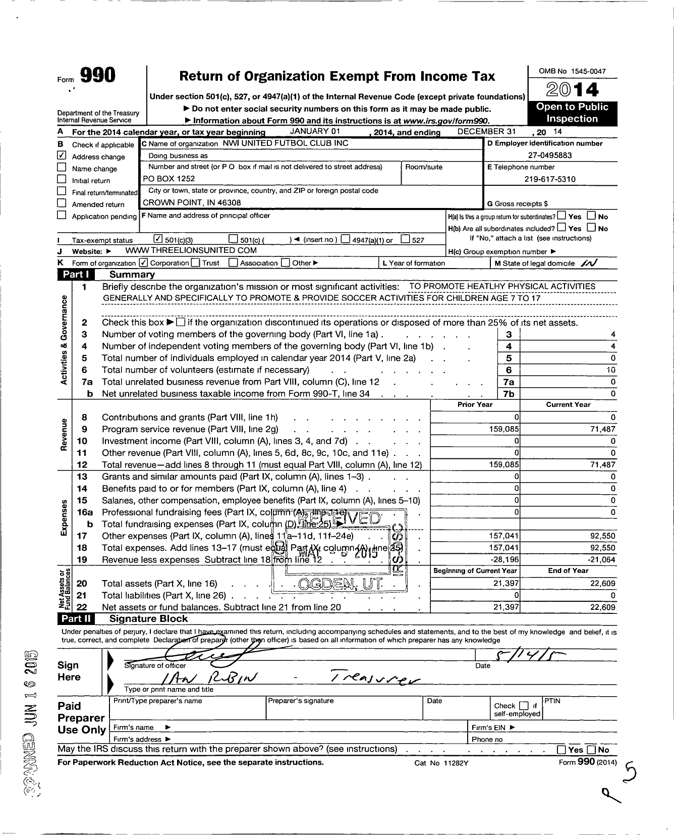 Image of first page of 2014 Form 990 for NWI Lions United