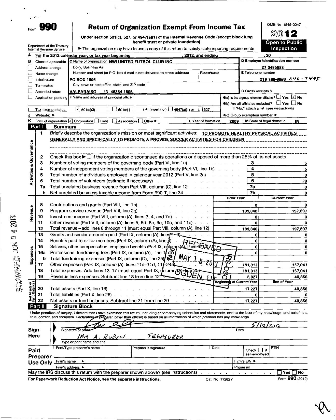 Image of first page of 2012 Form 990 for NWI Lions United