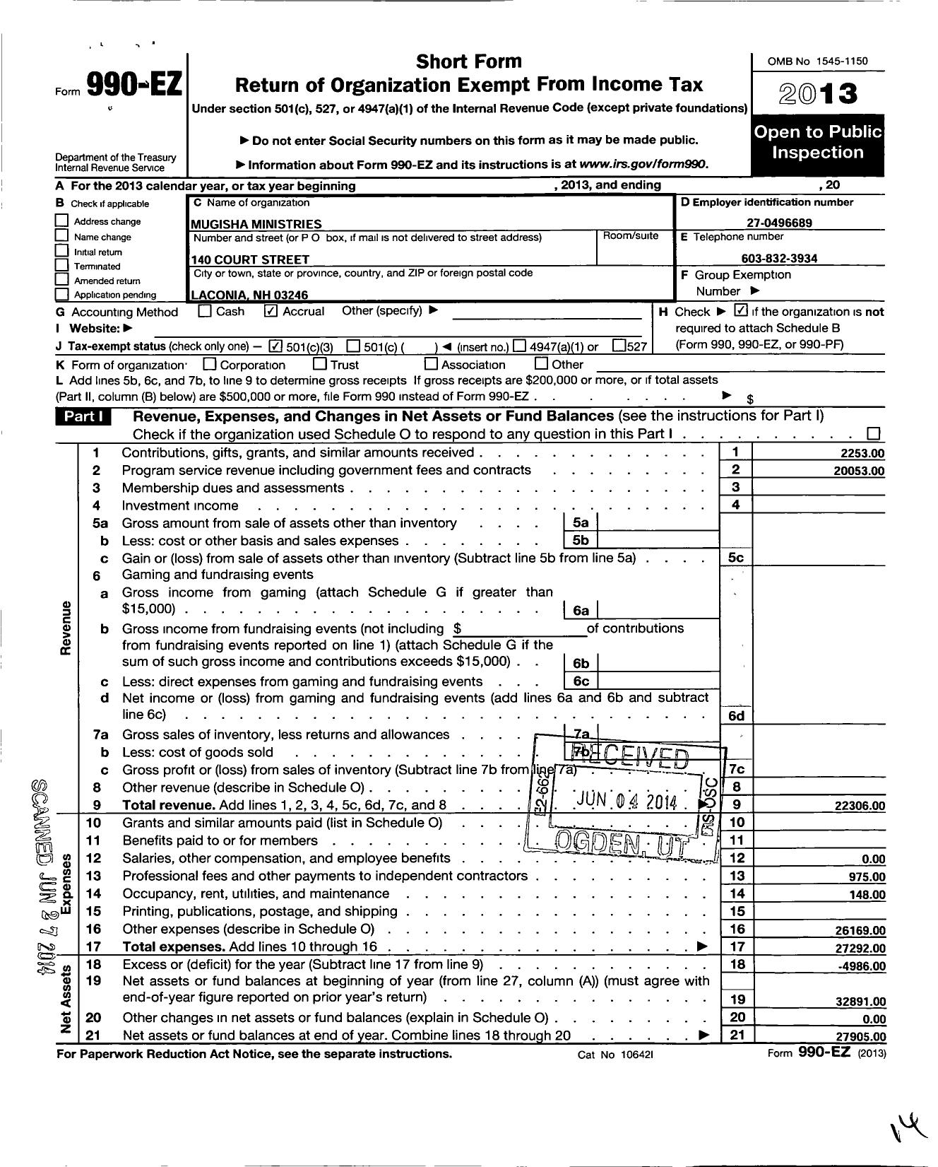 Image of first page of 2013 Form 990EZ for Mugisha Ministries