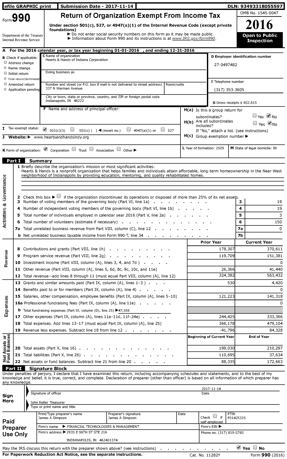 Image of first page of 2016 Form 990 for Hearts and Hands of Indiana Corporation