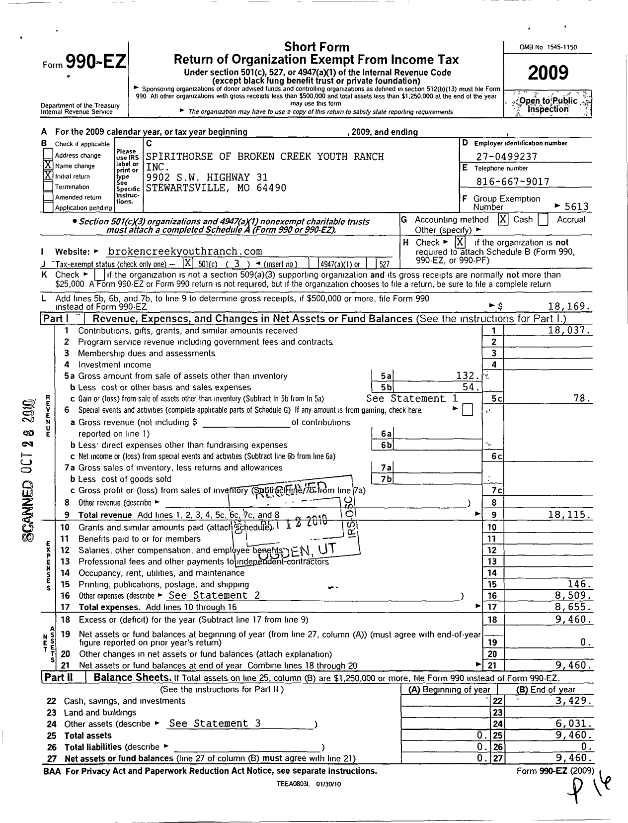 Image of first page of 2009 Form 990EZ for Spirithorse of Broken Creek Youth Ranch
