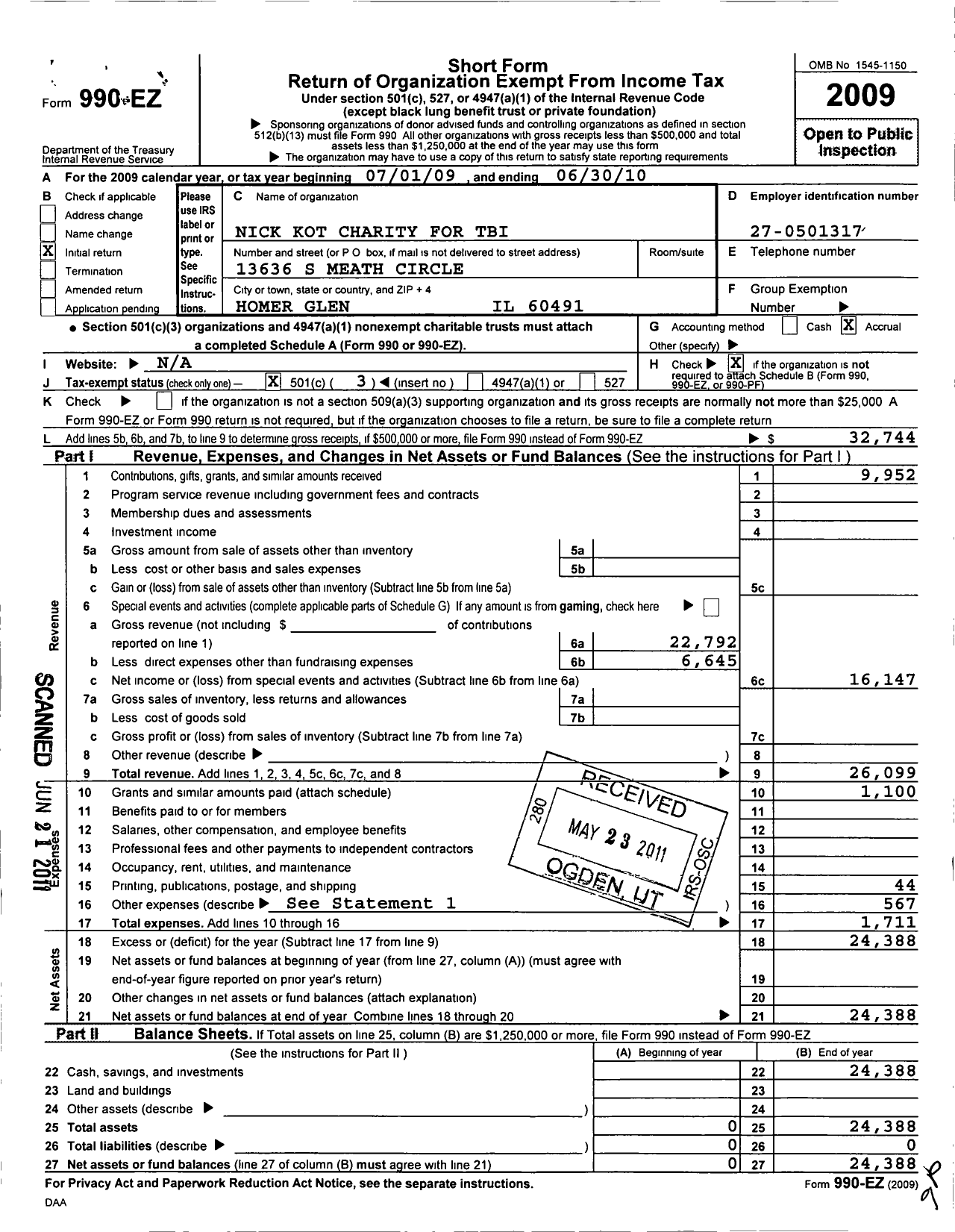 Image of first page of 2009 Form 990EZ for Nick Kot Charity for Tbi