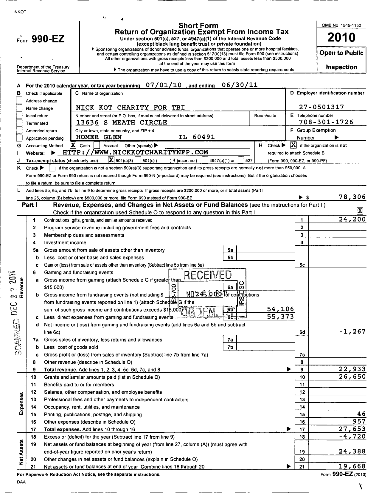 Image of first page of 2010 Form 990EZ for Nick Kot Charity for Tbi