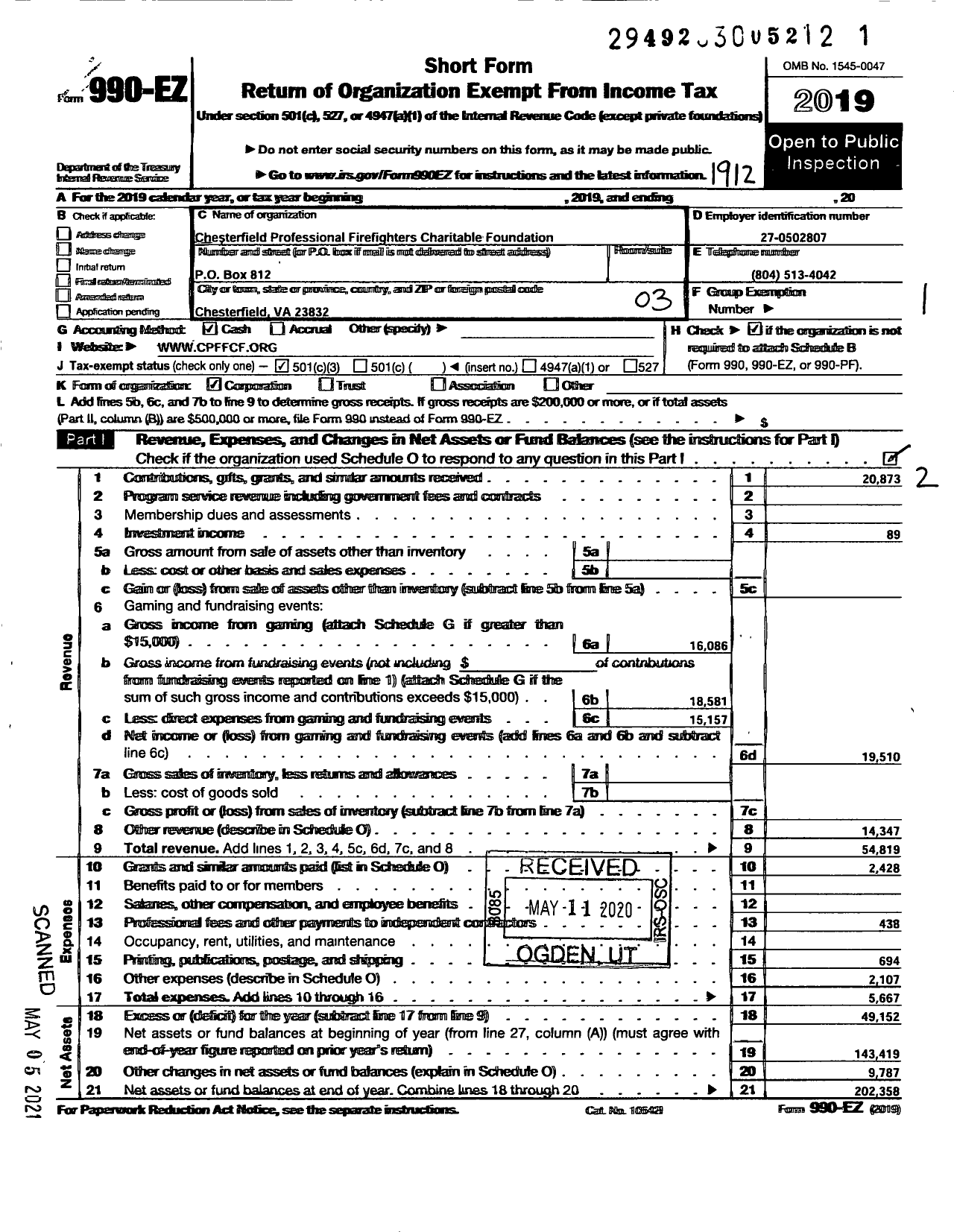 Image of first page of 2019 Form 990EZ for Chesterfield Professinal Firefighters Charitable Foundation