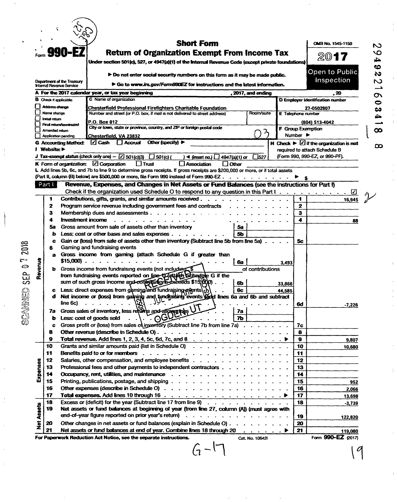 Image of first page of 2017 Form 990EZ for Chesterfield Professinal Firefighters Charitable Foundation