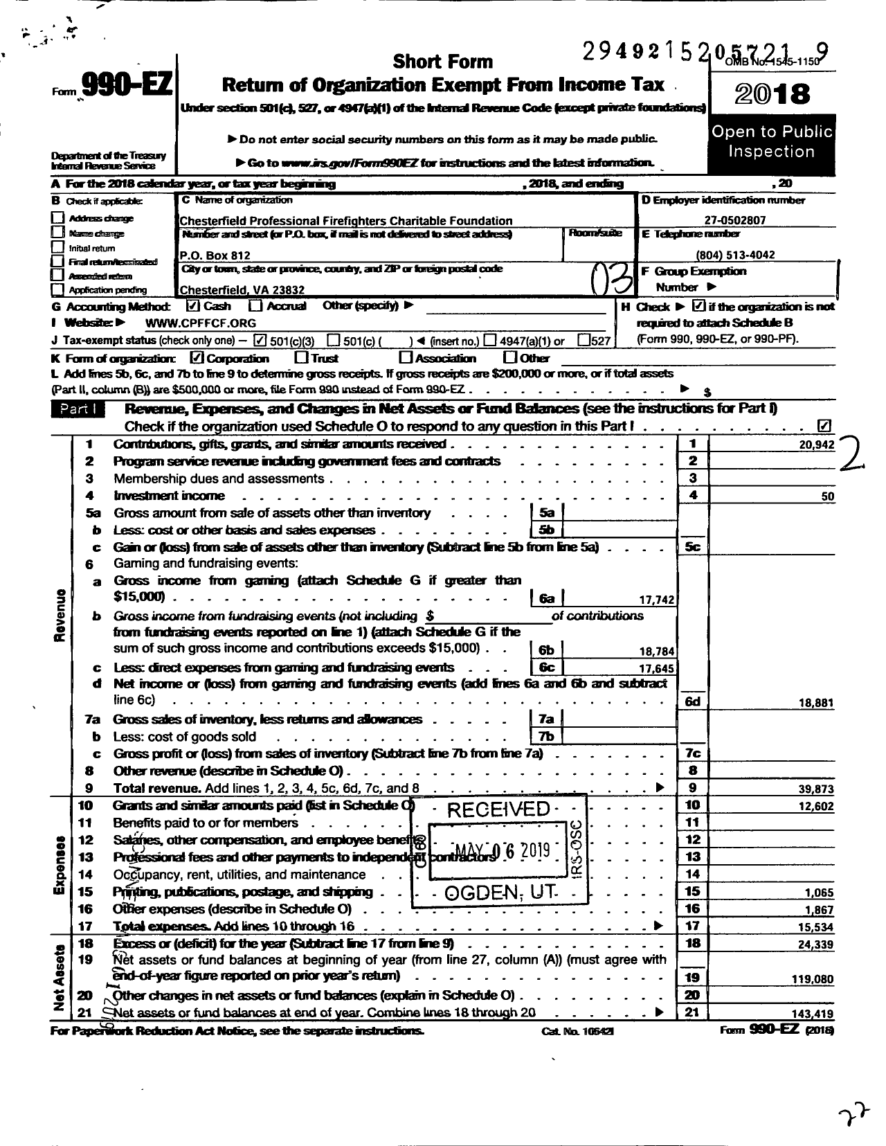 Image of first page of 2018 Form 990EZ for Chesterfield Professinal Firefighters Charitable Foundation