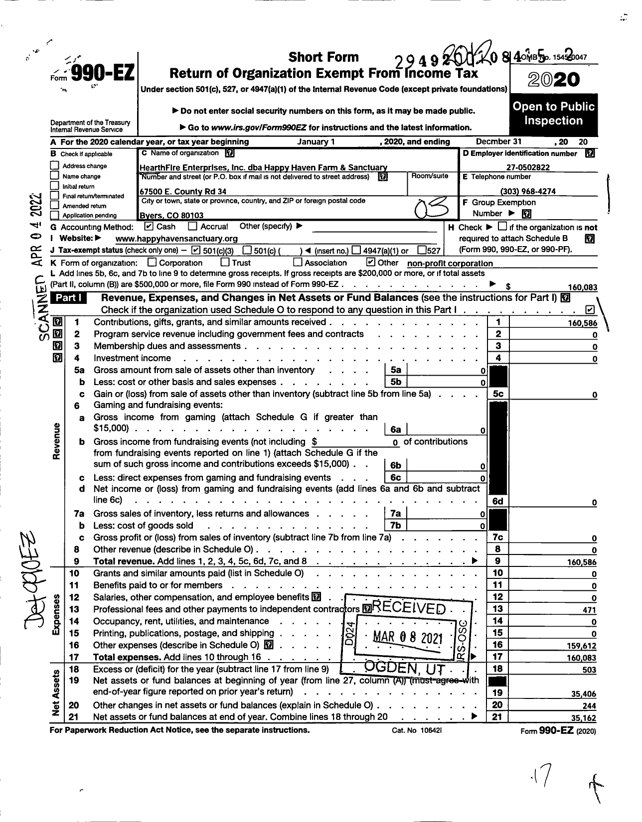 Image of first page of 2020 Form 990EZ for HearthFire Keep