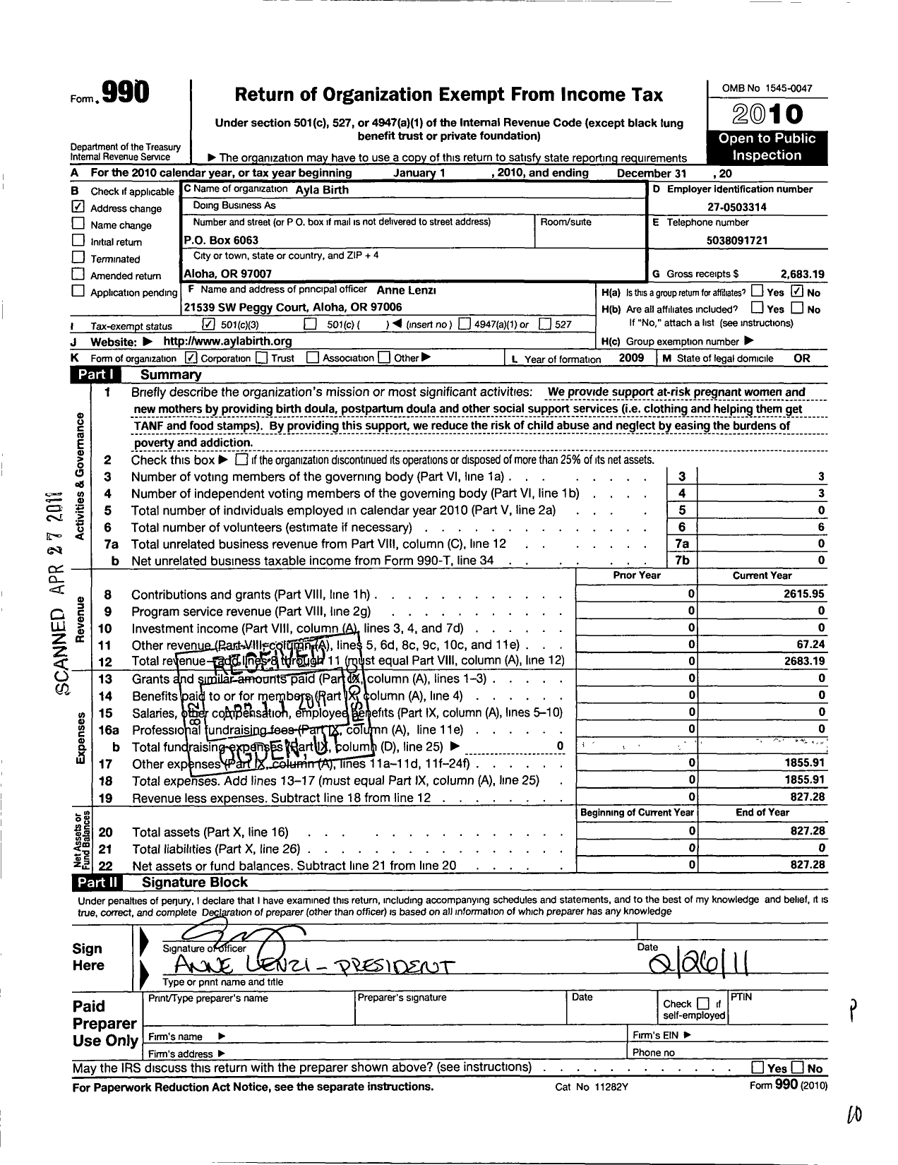 Image of first page of 2010 Form 990 for Ayla Birth