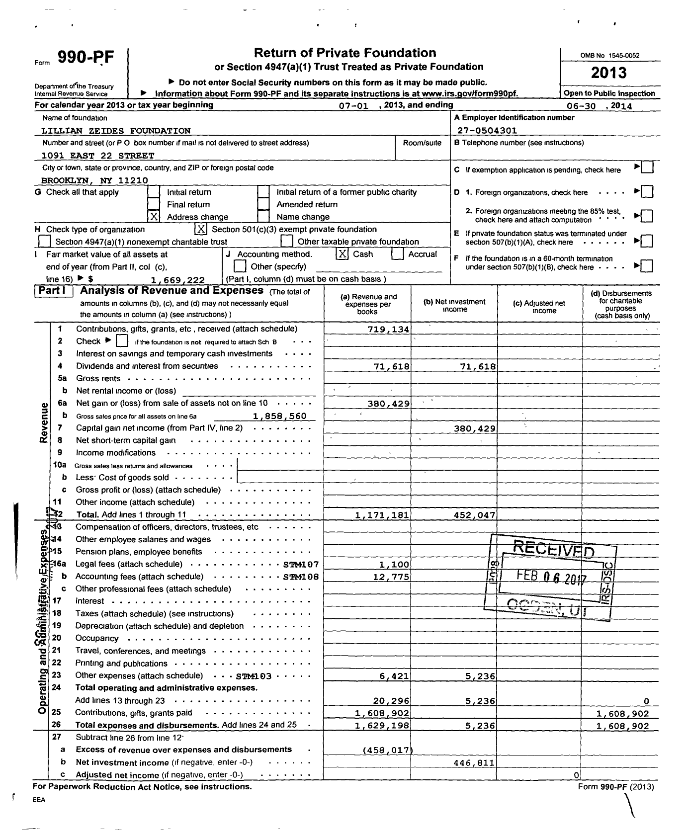 Image of first page of 2013 Form 990PF for Lillian Zeides Foundation